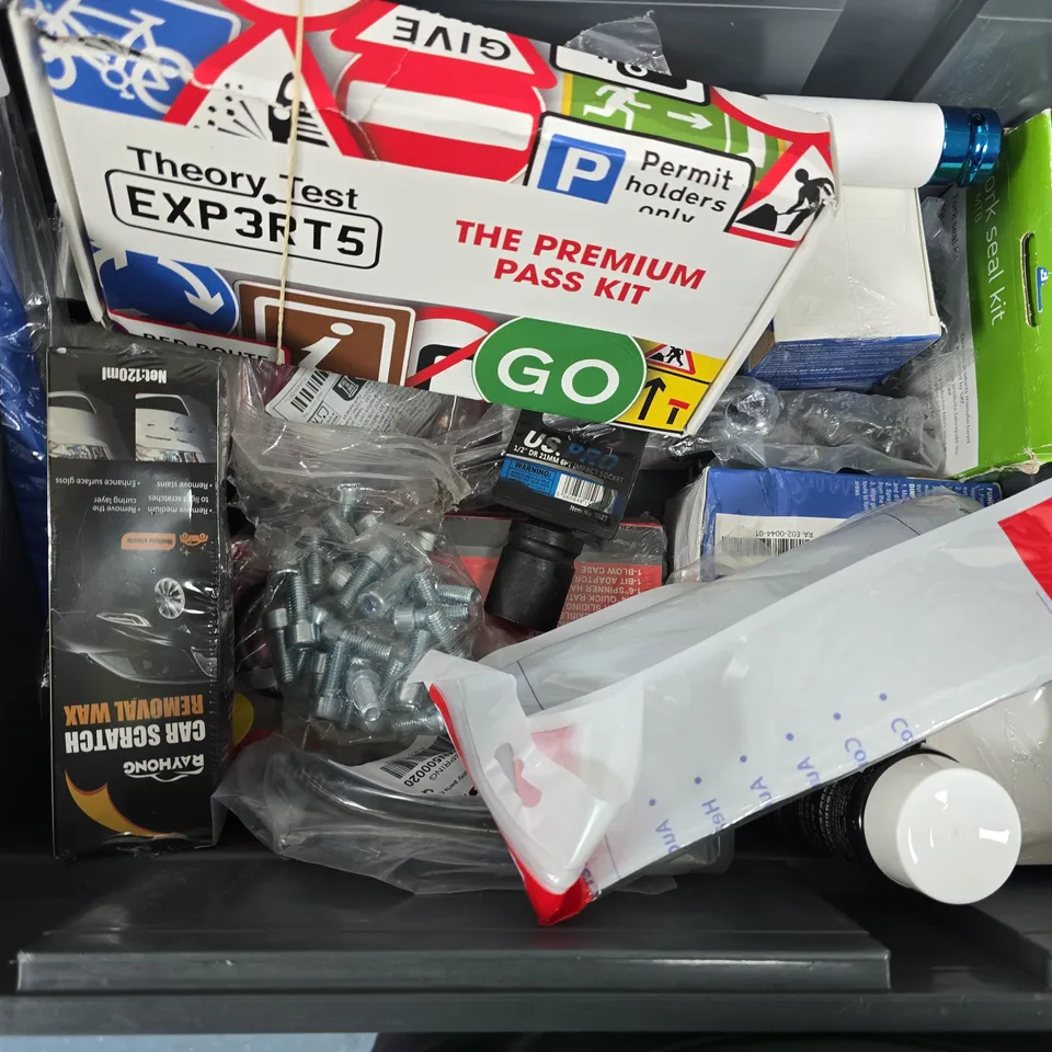 BOX OF ASSORTED ITEMS TO INCLUDE - SOCKET SET - THEORY TEST - TOOLS
