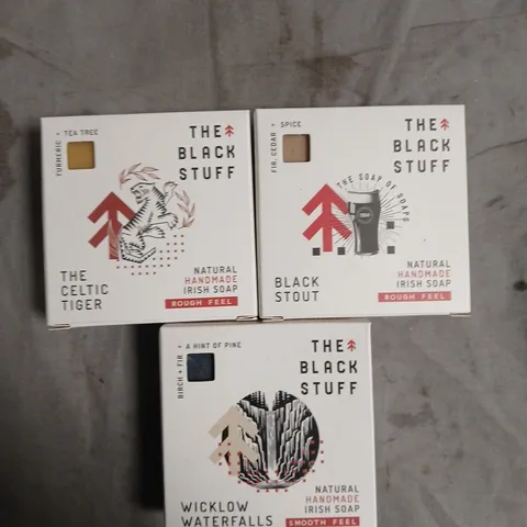 THE BLACK STUFF NATURAL HANDMADE IRISH SOAP – SET OF 3 BOXED BARS (CELTIC TIGER, BLACK STOUT, WICKLOW WATERFALLS)