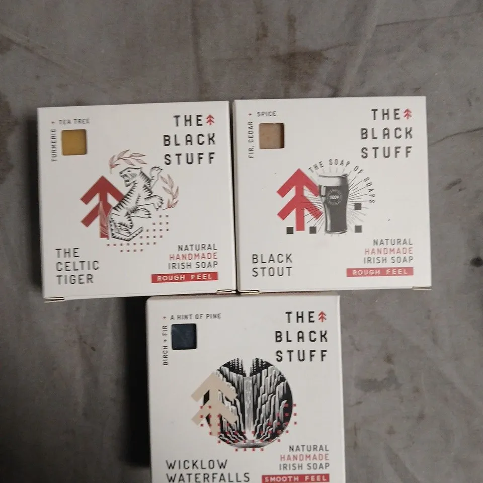 THE BLACK STUFF NATURAL HANDMADE IRISH SOAP – SET OF 3 BOXED BARS (CELTIC TIGER, BLACK STOUT, WICKLOW WATERFALLS)
