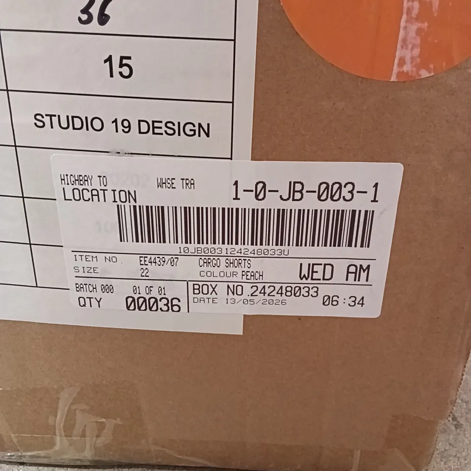 BOXED BRAND NEW APPROXIMATELY 36 JD WILLIAMS CARGO SHORTS, PEACH, SIZE 22 (1 BOX)