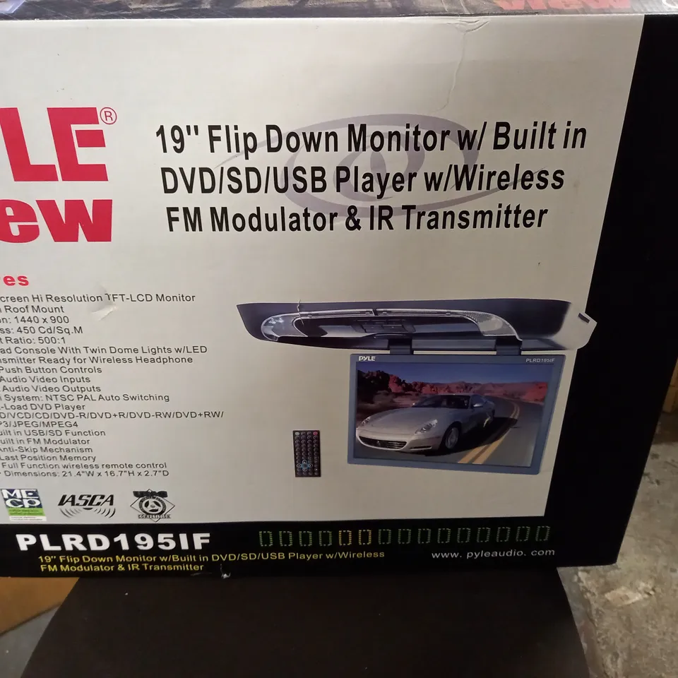 BOXED PYLE 19" FLIP DOWN MONITOR WITH BUILT IN DVD/SD/USB PLAYER