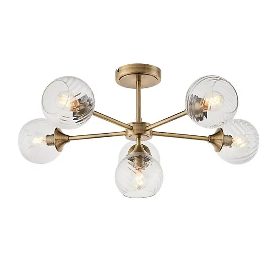 BOXED LUMINOSA ALLEGRA 6 LIGHT MULTI ARM GLASS SHADE SEMI FLUSH CEILING LAMP ANTIQUE BRASS