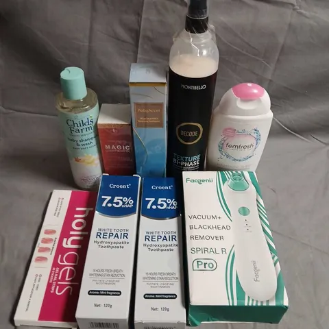TOTE OF APPROX 15 ASSORTED COSMETIC ITEMS TO INCLUDE MONTIBELLO DECODE TEXTURE BI-PHASE SPRAY, FEMFRESH, CHILD'S FARM