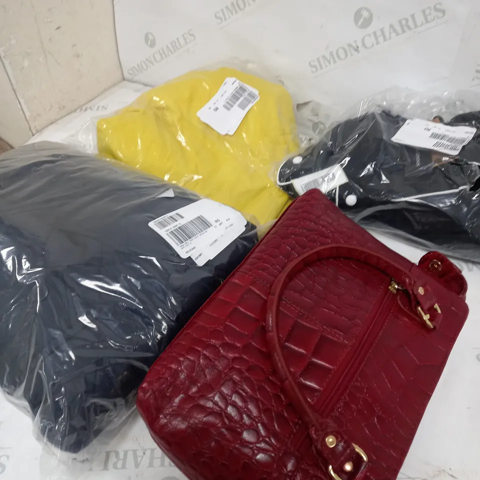 BOX OF APPROXIMATELY 10 ASSORTED CLOTHING ITEMS TO INCLUDE COAT, HANDBAG, TOPS ETC