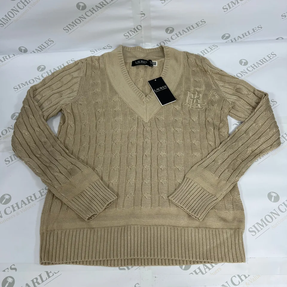 LAUREN BY RALPH LAUREN KNITTED V NECK SWEATSHIRT IN TAN SIZE SMALL