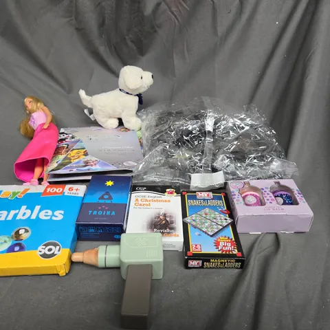 APPROXIMATELY 10 ASSORTED TOYS AND GAMES TO INCLUDE LEGO, MARBLES AND TEDDIES