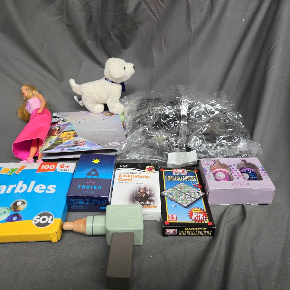 APPROXIMATELY 10 ASSORTED TOYS AND GAMES TO INCLUDE LEGO, MARBLES AND TEDDIES