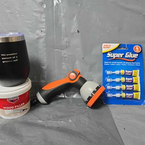 APPROXIMATELY 13 ASSORTED ITEMS TO INCLUDE - SUPER GLUE , HOSE GUN ETC