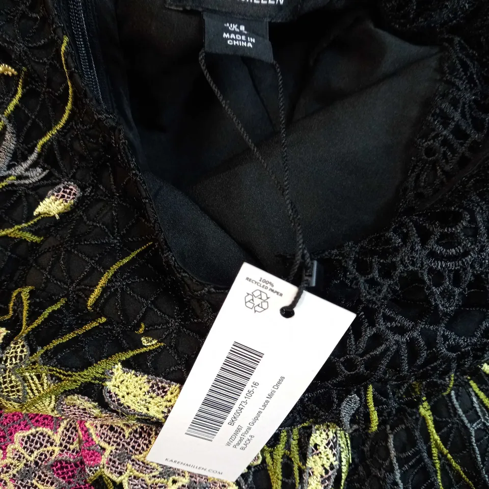 KAREN MILLEN BLACK PLACED FLORAL GUIPURE LACE MINI DRESS - SIZE 8