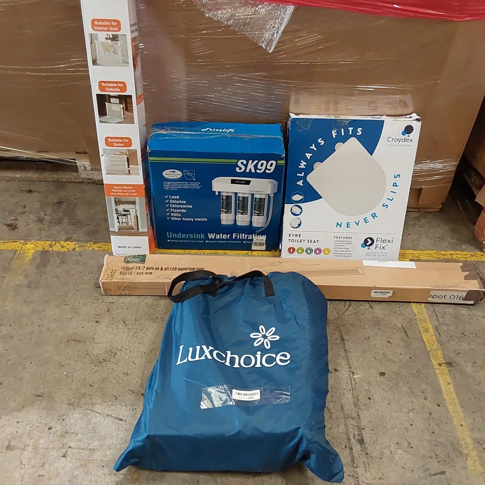 PALLET OF ASSORTED ITEMS INCLUDING: WATER FILTRATION SYSTEM, LED AQUARIUM LIGHT, AIR MATTRESS, RETRACTABLE SAFETY GATE, TOILET SEAT 