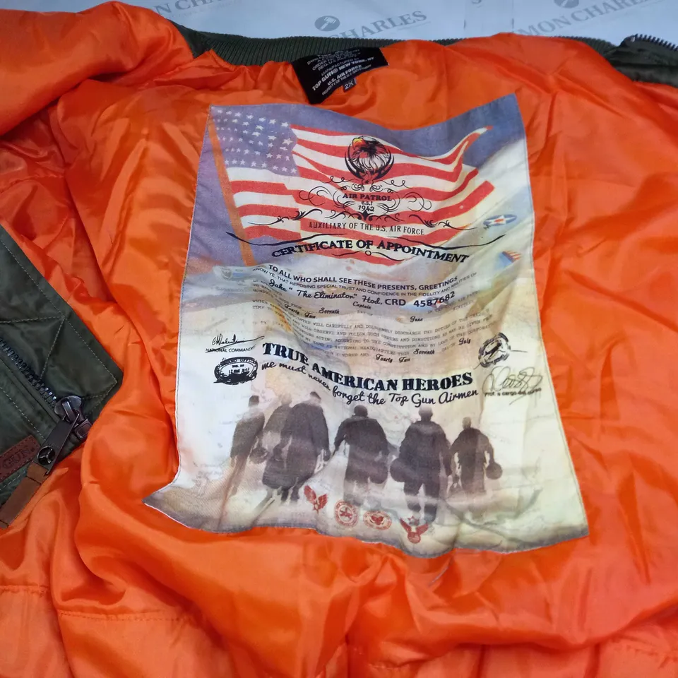 TOP GUN TYPE MA-1 JACKET WITH ORANGE LINING IN KHAKI GREEN - 2XL
