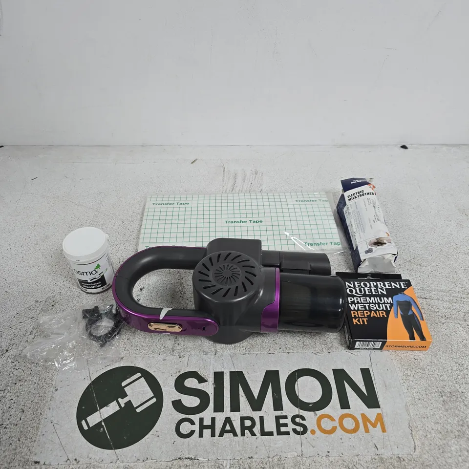 APPROXIMATELY 20 ASSORTED ITEMS INCLUDING NEOPRENE QUEEN PREMIUM WET SUIT REPAIR KIT, ELECTRIC MILK FROTHER AND A VACUUM CLEANER