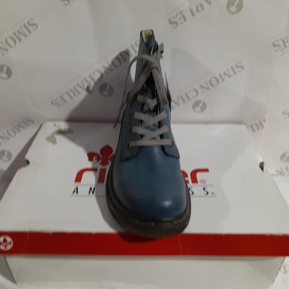 BOXED PAIR OF RIEKER LACE ANKLE BOOTS BLUE SIZE 6.5