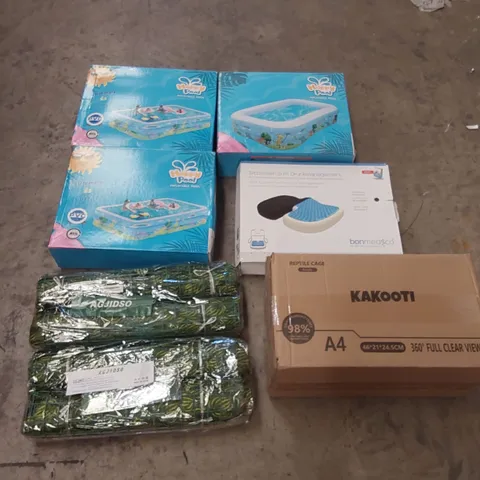 PALLET OF ASSORTED ITEMS INCLUDING: OFFICE CHAIR, INFLATABLE POOLS, REPTILE CAGE, ARTIFICIAL LEAF DECORATIONS, SEAT CUSHION ECT