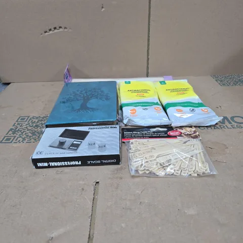 TOTE OF APPROXIMATELY 18 ASSORTED HOUSEHOLD ITEMS TO INCLUDE ANTI BACTERIAL WIPES, DIGITAL MINI SCALE, BAMBOO ALLERGY PICKS, BAMBOO DOWEL RODS ETC
