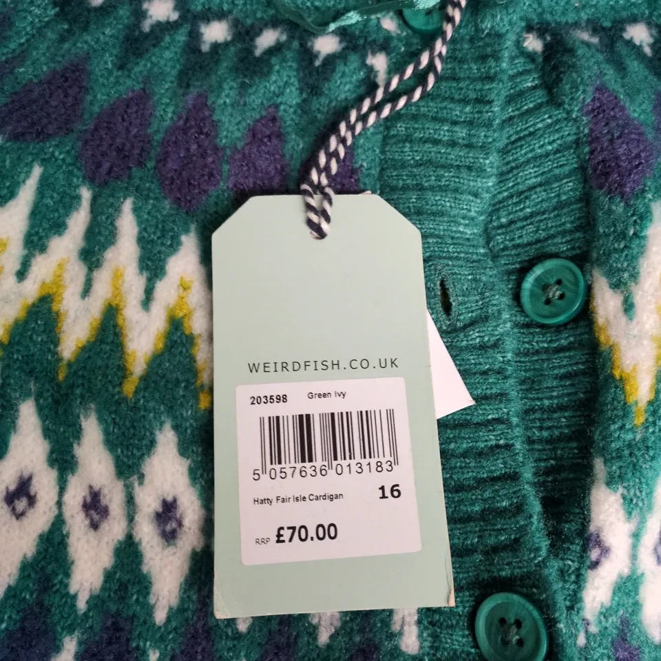 WEIRD FISH HATTY FAIR ISLE CARDIGAN – UK 16 – GREEN IVY