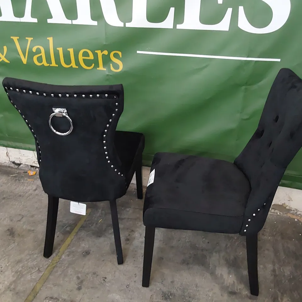 PAIR OF UPHOLSTERED RING BUTTONED BACK DINING CHAIRS BLACK PLUSH FABRIC 