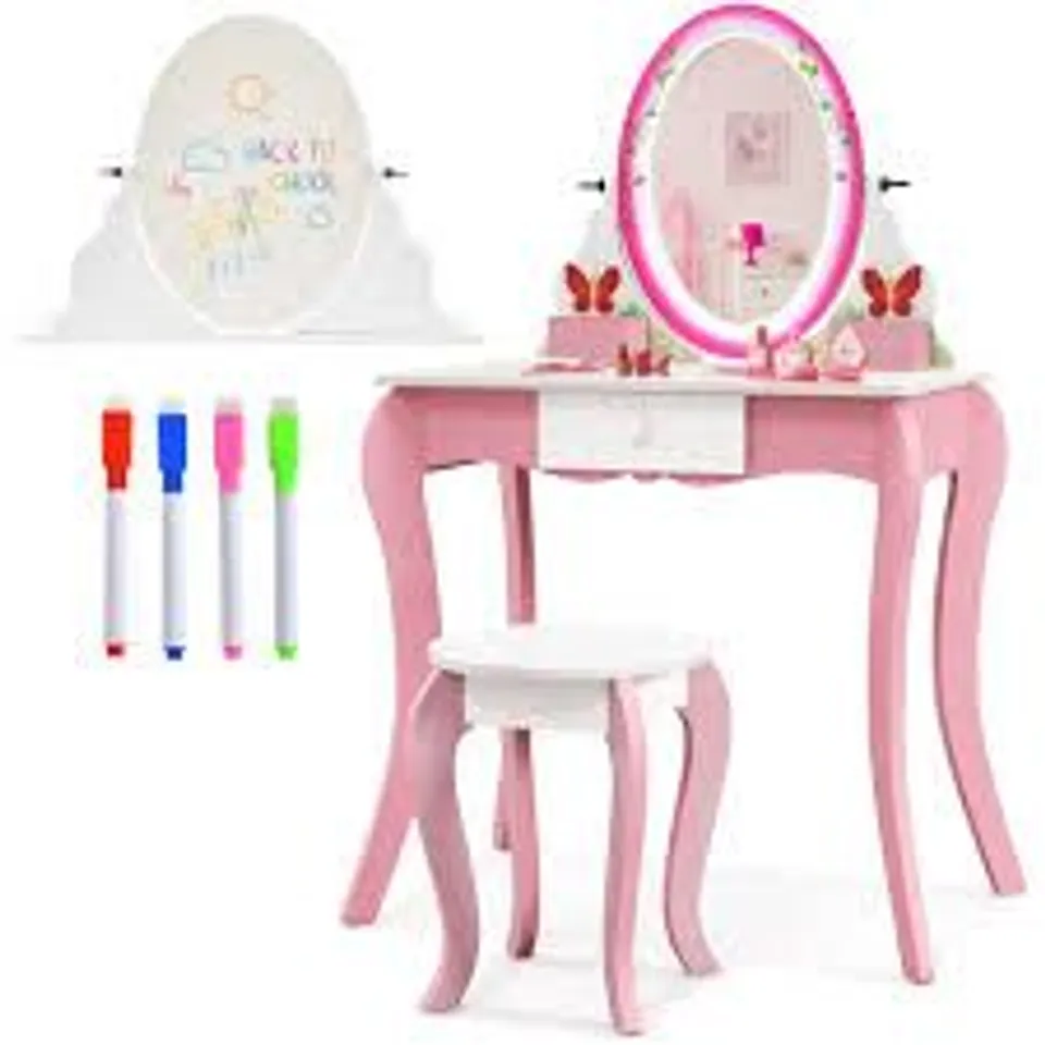 BOXED COSTWAY WHITE AND PINK KIDS VANITY TABLE AND STOOL SET WITH MIRROR AND WHITEBOARD