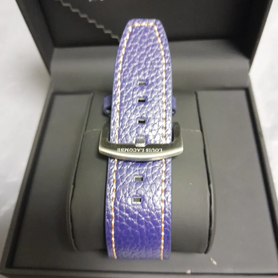 MENS LOUIS LACOMBE WATCH WITH SQUARE DIAL WITH WHITE SUB DIALS, LEATHER STRAP – 3ATM – HAND ASSEMBLED