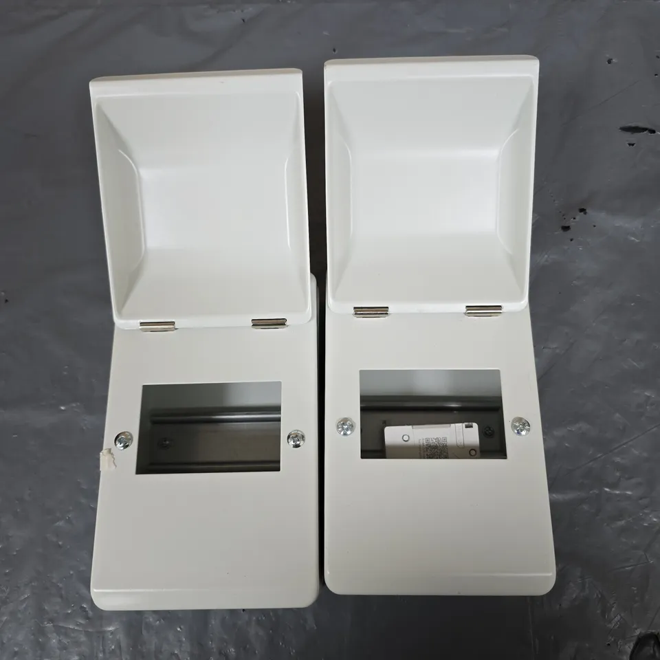 LOT OF 2 WHITE WALL-MOUNTED FUSE BOXES WITH HINGED LID AND FRONT SLOT 
