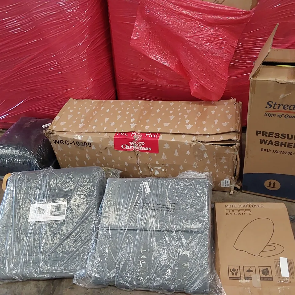 PALLET OF ASSORTED HOMEWARE AND CONSUMER PRODUCTS TO INCLUDE; STREAM PRESSURE WASHER, ARTIFICIAL CHRISTMAS TREE, ORTHOPAEDIC WEDGE PILLOWS, LARGE BLACK RUG, TOILET SEAT ECT.