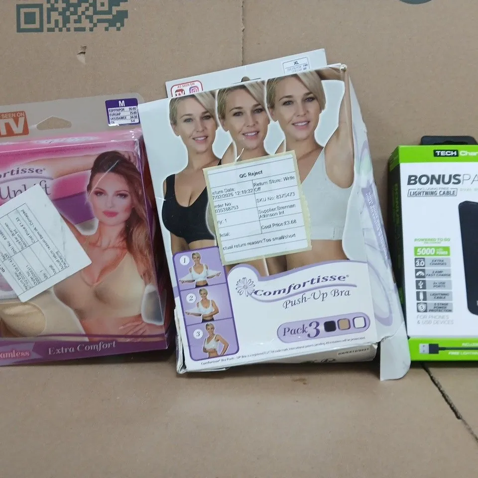 BOX OF APPROXIMATELY 8 ASSORTED HOUSEHOLD ITEMS TO INCLUDE PUSH UP BRAS, DUAL DEVICE CHARGING, ETC - COLLECTION ONLY