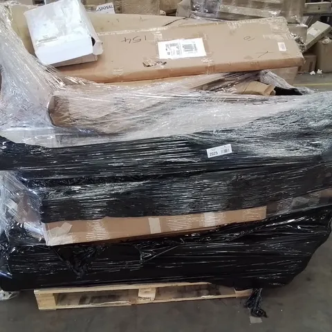 PALLET CONTAINING VARIOUS ASSORTED HOUSEHOLD CUSTOMER RETURNS TO INCLUDE: BATHROOM TAPS, DOOR CANOPY, LARGE AREA RUG, RADIATOR COVER, FABRIC UPHOLSTERED ARM CHAIR AND LOTS MORE UNMARKED BOXED ITEMS