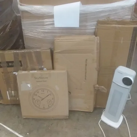PALLET OF ASSORTED ITEMS INCLUDING OUTDOOR CLOCK, WALL MOUNTED HANDRAIL, COAT RACK, WALL MIRROR