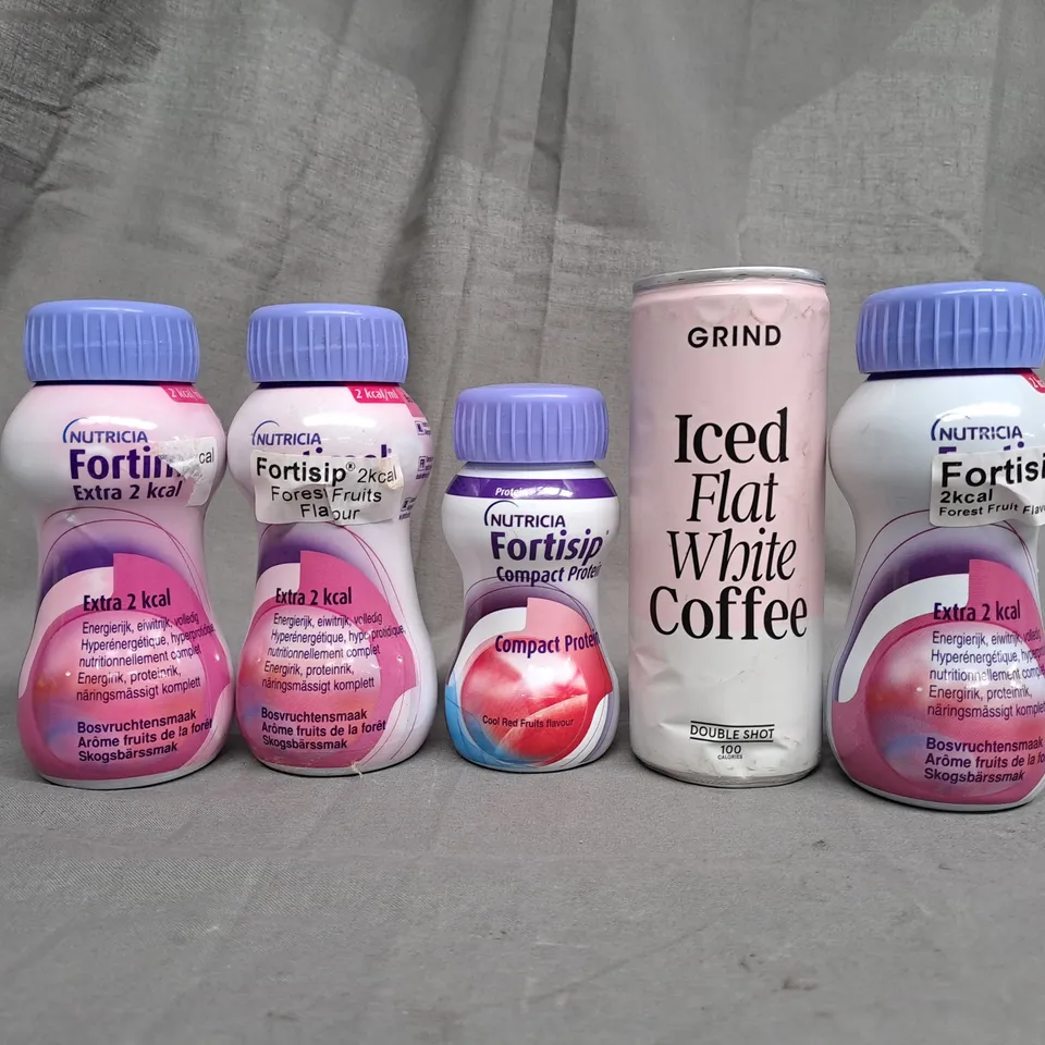 TOTE OF APPROX 14 ASSORTED FOOD ITEMS TO INCLUDE - GRIND ICED FLAT WHITE COFFEE , NUTRICA FORTISIP , FATAKDI POWDER ETC