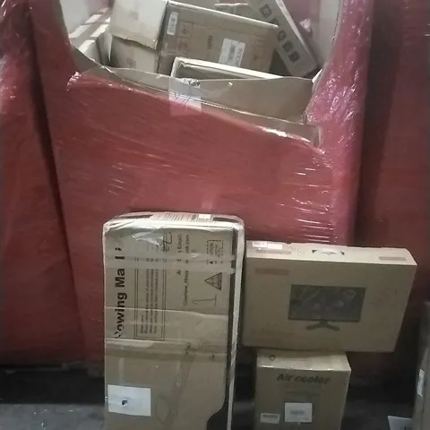 PALLET OF ASSORTED HOUSEHOLD GOODS AND PRODUCTS TO INCLUDE; LED MONITOR, ROWING MACHINE, AIR COOLER, BOXED FURNITURE ETC