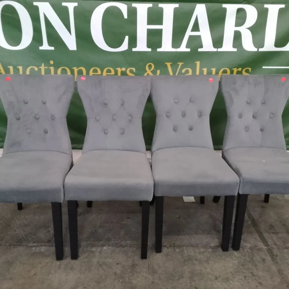 SET OF 4 NEW KENSINGTON GREY VELVET BUTTON BACK DINING CHAIRS (BLACK LEG)