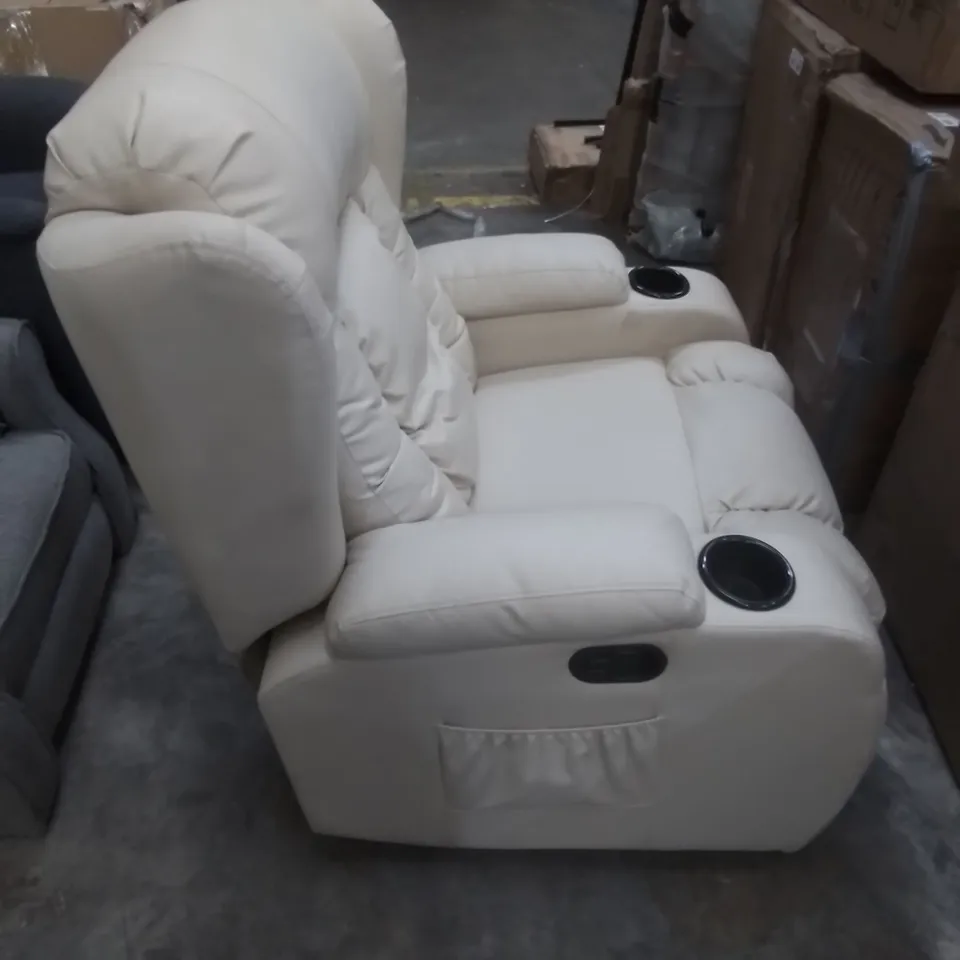 DESIGNER POWER RECLINING ROCKING SWIVEL EASY CHAIR IN CREAM FAUX LEATHER