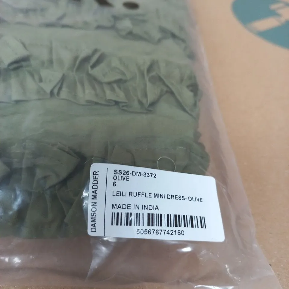 BAGGED DAMSON MADDER LEILI RUFFLE MINI DRESS – OLIVE, UK SIZE 6 