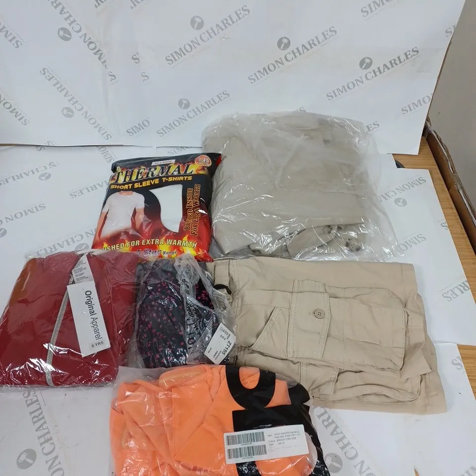 LARGE BOX OF ASSORTED CLOTHING ITEMS IN VARIOUS COLOURS AND SIZES INCLUDING TROUSERS , TOPS AND JUMPERS 
