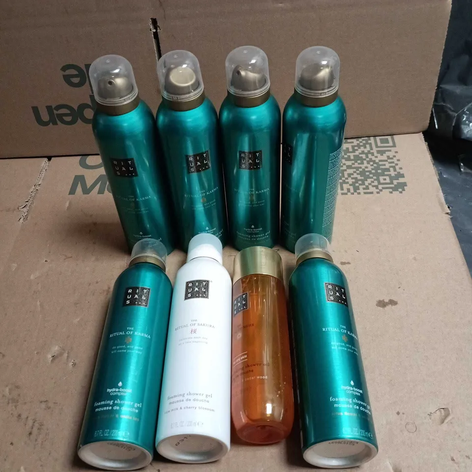 8 X ASSORTED RITUALS...ITEMS TO INCLUDE FOAMING SHOWER GEL, NOURISHING SHOWER GEL ETC UNBOXED