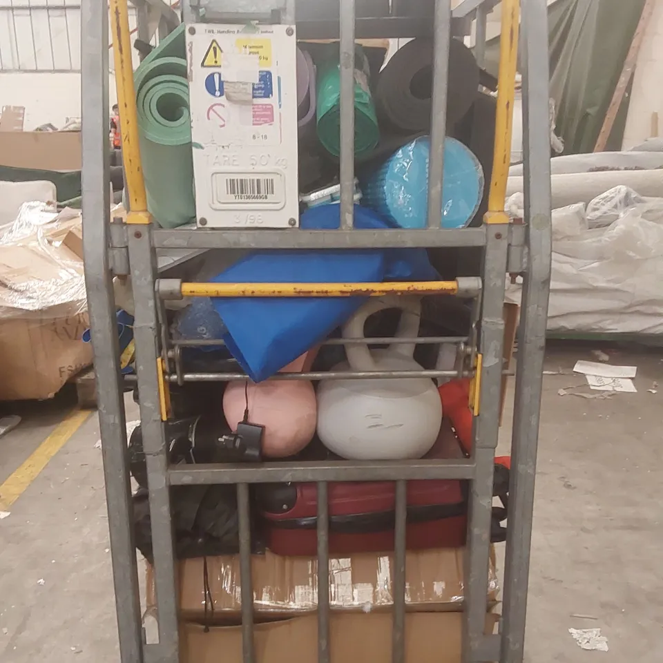 CAGE CONTAINING A LARGE QUANTITY OF ASSORTED ITEMS INCLUDING: AIRFRYER, KETTLE BELL WEIGHTS, BABY PLAYPEN, YOGA MAT, SUITCASE ECT // CAGE NOT INCLUDED