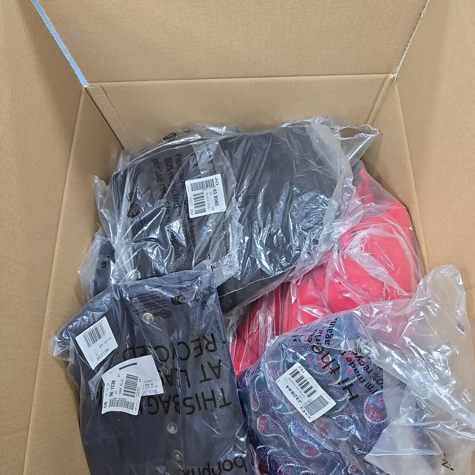 BOX OF APPROXIMATELY 25 ASSORTED CLOTHING ITEMS IN VARIOUS SIZES AND STYLES