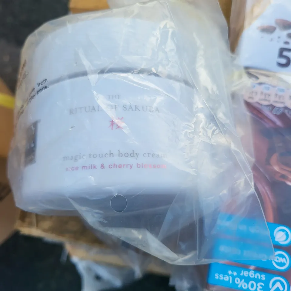 PALLET OF 6 LARGE BOXES OF A SIGNIFICANT QUANTITY OF ASSORTED ITEMS TO INCLUDE THE RITUAL OF SAKURA BODY CREAM, HOT GLUE GUN, CHINESE PACIFIC OCEAN WAKAME SEAWEED, ETC