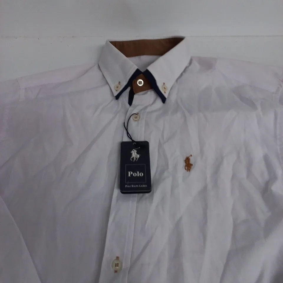 POLO RALPH LAUREN WHITE SHIRT WITH NAVY COLLAR TRIM – SIZE S