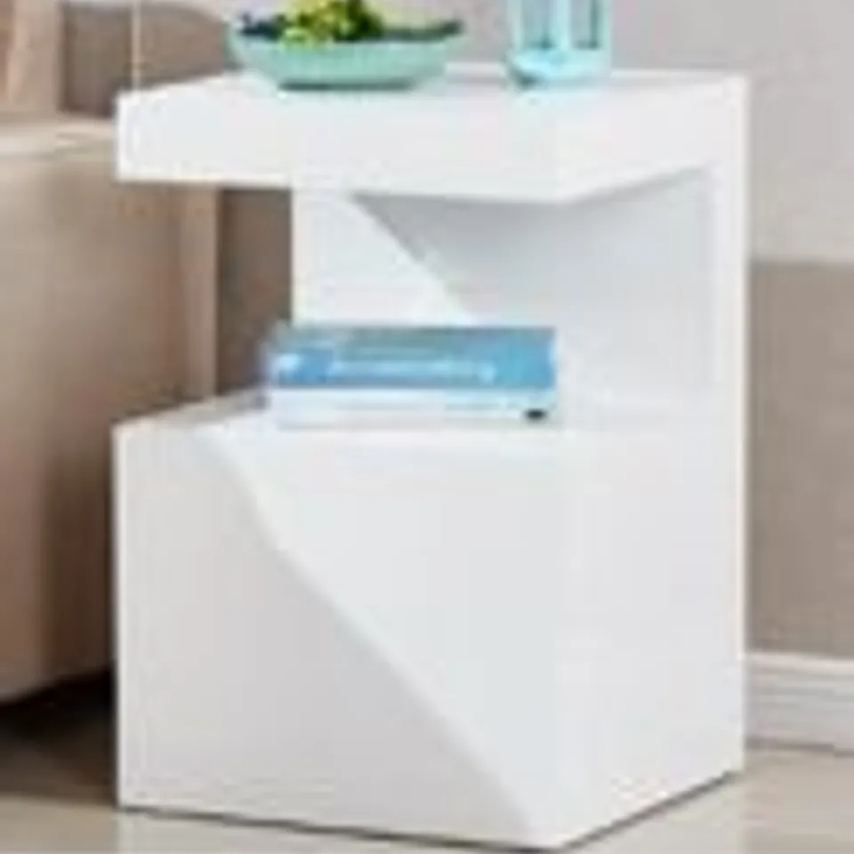BOXED DESIGNER VOLTAGE CONTEMPORARY SIDE TABLE IN WHITE HIGH GLOSS WITH 1 DRAWER- 40X40X60CM