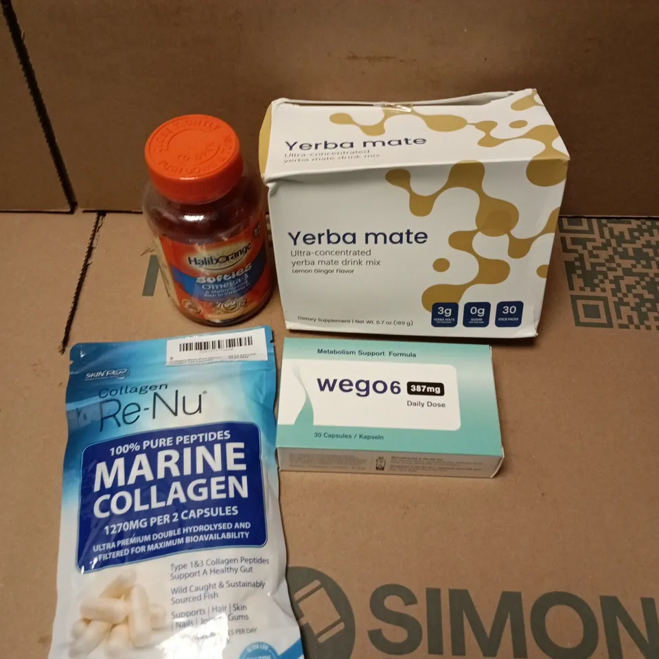 APPROXIMATELY 15 ASSORTED VITAMIN/HEALTH AID PRODUCTS TO INCLUDE MARINE COLLAGEN, YERBA MATE, OMEGA-3 ETC
