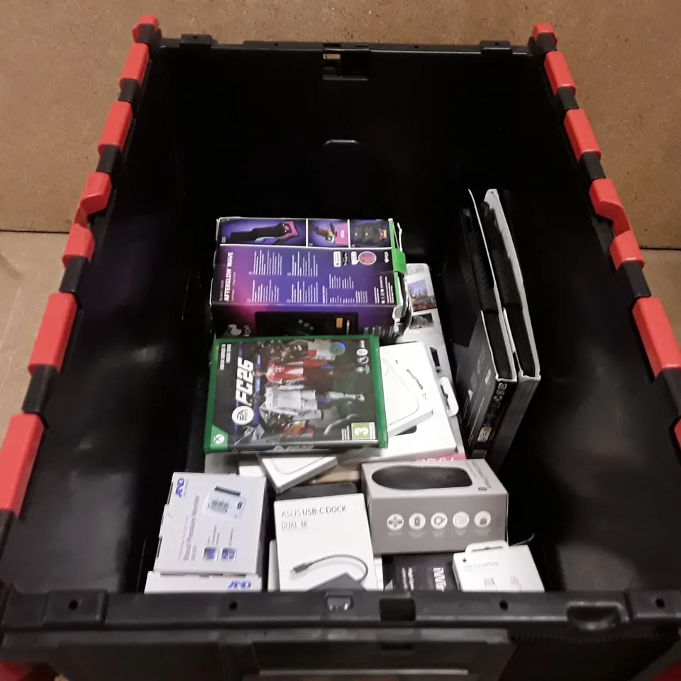 BOXED CONTAINING APPROXIMATELY 15X ASSORTED GOODS AND PRODUCTS TO INCLUDE; PANASONIC BLU-RAY DISC PLAYER, GALAXY TAB A9 BOOK COVER AND APPLE PENCIL (USB-C)