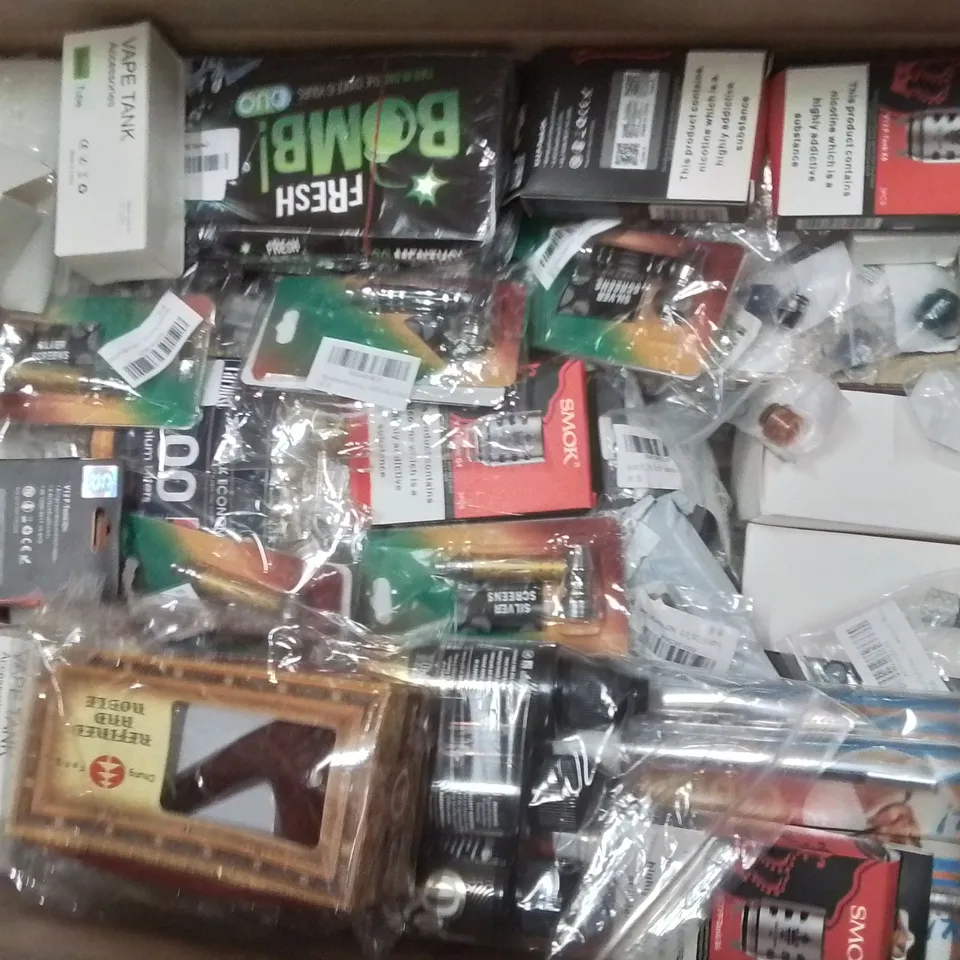 PALLET CONTAINING A LARGE QUANTITY OF TOBACCO PRODUCTS TO INCLUDE;VAPE CARTRIDGES,HERB GRINDERS,E-CIGARETTE,NICOTINE CHEWING GUM,CERAMIC BOWL,ROLLING PAPERS,E-CIGARETTE LIQUIDS