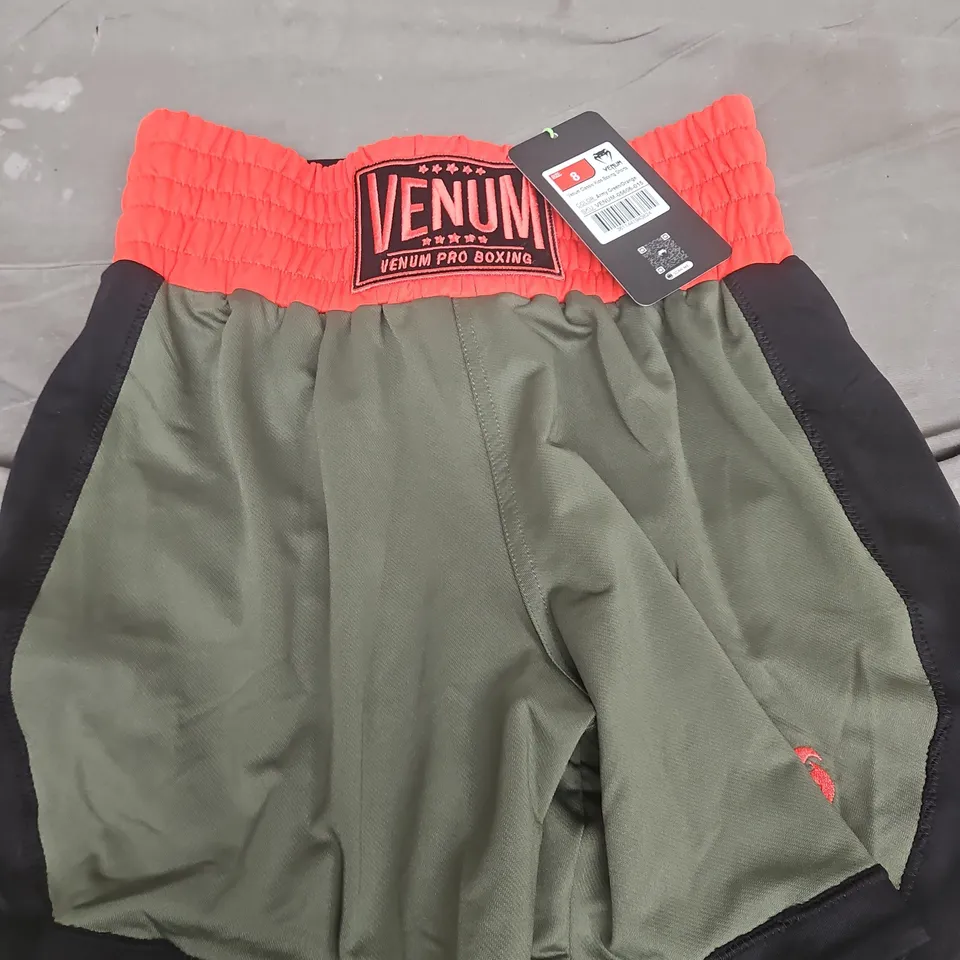 VENUM CLASSIC KIDS BOXING SHORTS – ARMY GREEN/ORANGE, SIZE UK 8