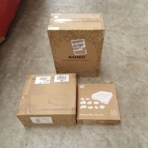 PALLET OF ASSORTED HOUSEHOLD GOODS AND PRODUCTS TO INCLUDE; SUITCASE, SENSORY PLAY TRAY SET, TOILET BOOSTER SEAT, BOXED FURNITURE ETC