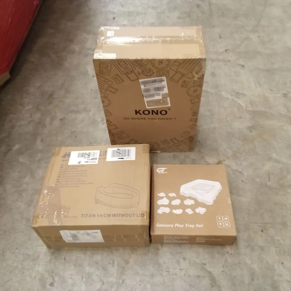 PALLET OF ASSORTED HOUSEHOLD GOODS AND PRODUCTS TO INCLUDE; SUITCASE, SENSORY PLAY TRAY SET, TOILET BOOSTER SEAT, BOXED FURNITURE ETC