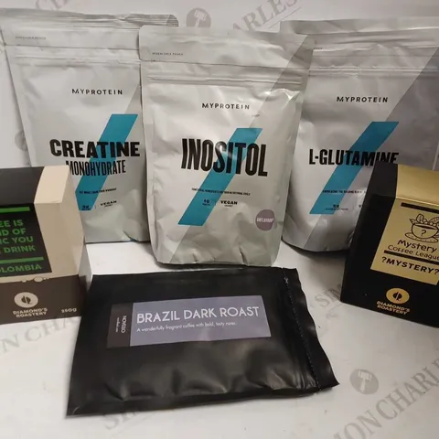 BOX OF APPROX 10 ITEMS TO INCLUDE MYPROTEIN INOSITOL POWDER, DIAMONDS ROASTERY COFFEE BEANS AND NOVELLO BRAZIL DARK ROAST