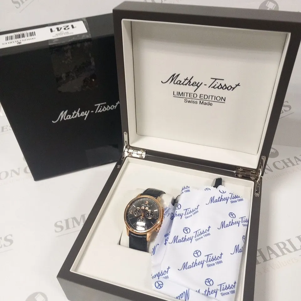 BOXED MATHEY-TISSOT LIMITED EDITION SWISS MADE BLACK LEATHER WRIST WATCH WITH GOLD CASING AND PEN SET