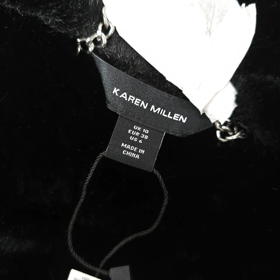 KAREN MILLEN FAUX SHEARLING OVERSIZE COLLAR BUCKLE MIDI COAT IN BLACK - SIZE 10