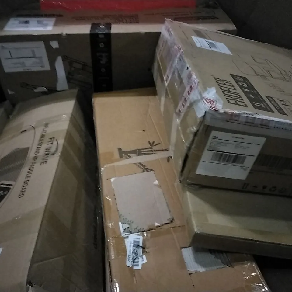 PALLET OF ASSORTED ITEMS INCLUDING JUMBO 4 IN A ROW, PUE COOL FAN, INNOTECK AIR FRYER OVEN, SLANT-LEG POP UP CANOPY, EXOFCER OFFICE CHAIR, INFLATABLE PADDLE BOARD